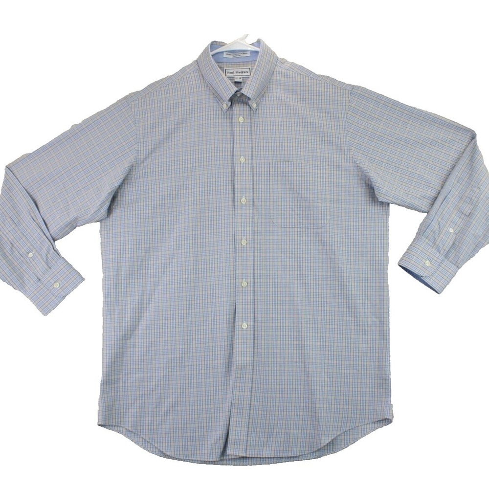 Paul Fredrick Mens Pinpoint Dress Shirt Size 16.5 34 Blue Plaid Button Down